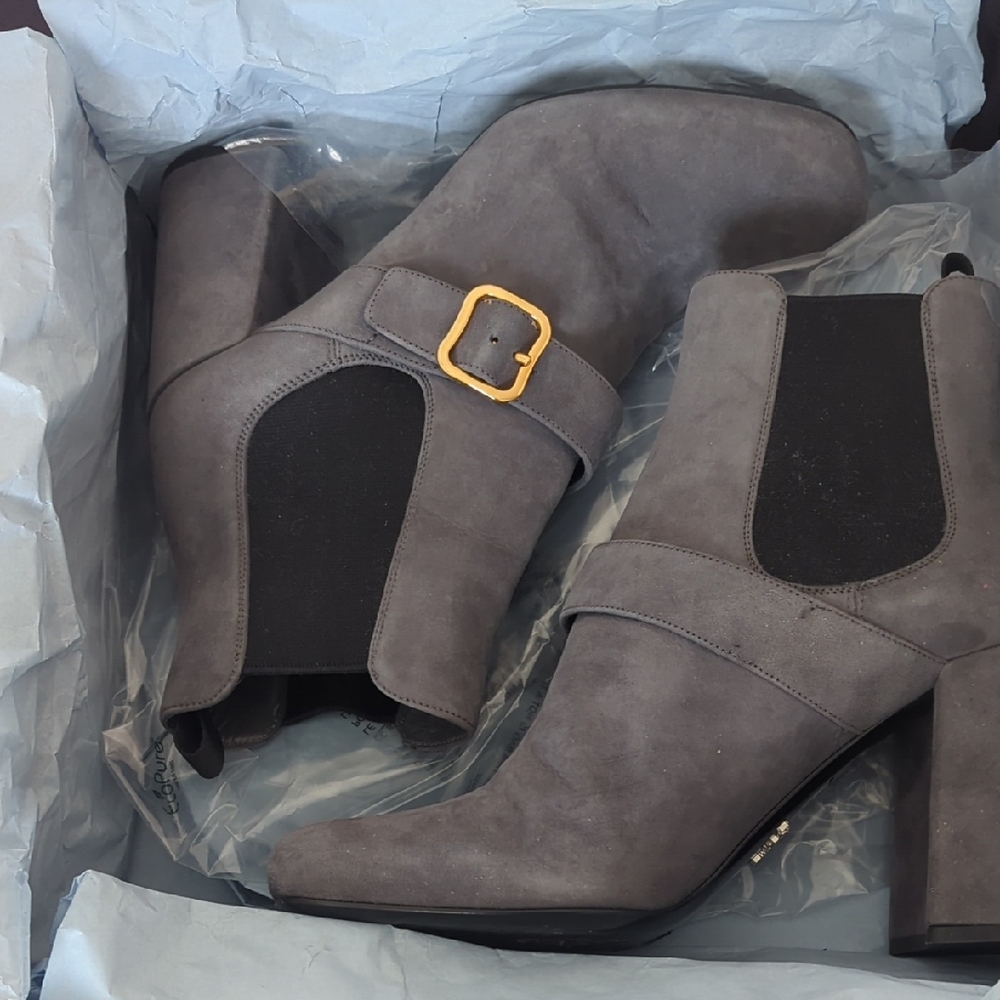 Prada Gray Suede Heeled Boots with Gold Buckle
